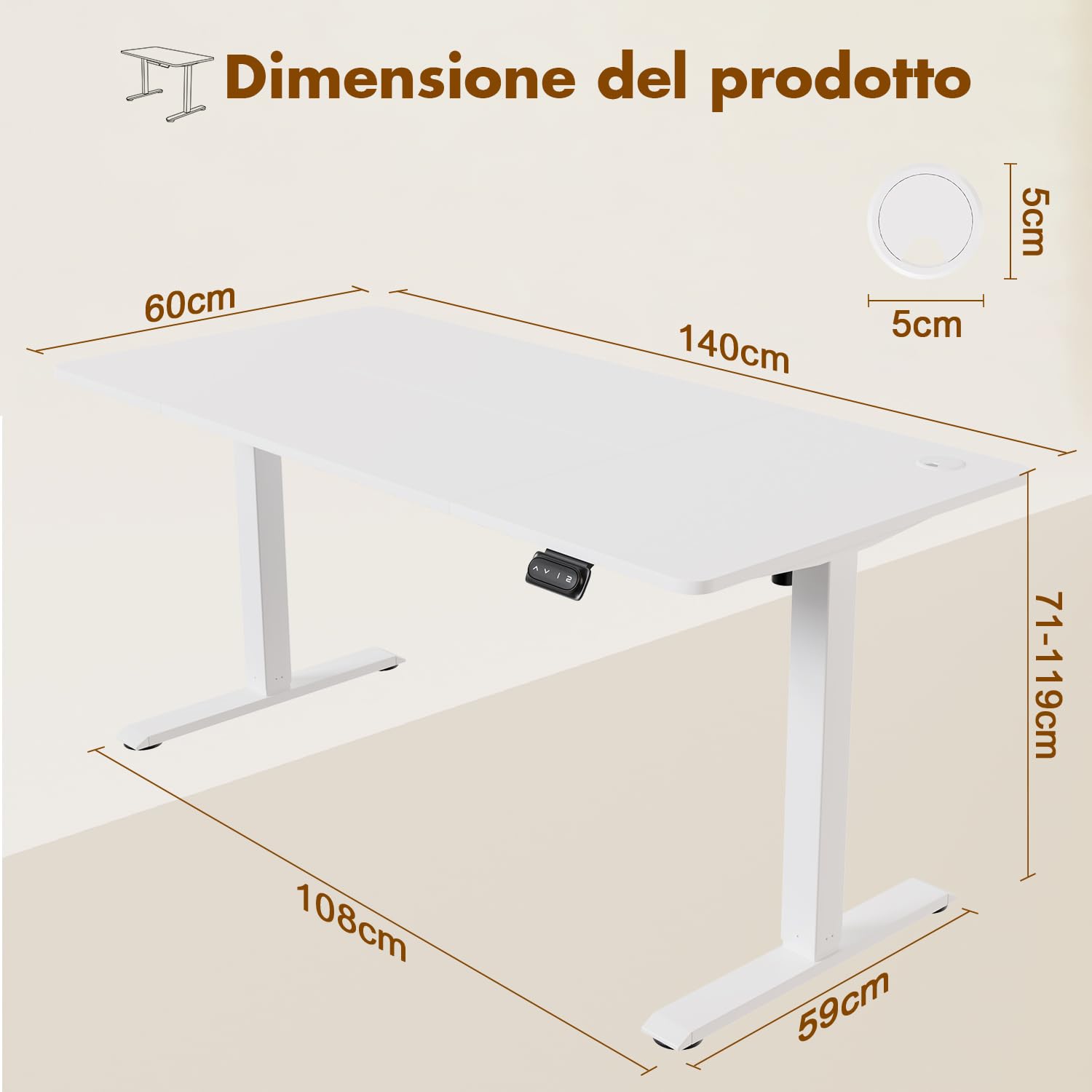 Devoko 140 x 60 cm scrivania elettrica regolabile in altezza con gancio per cuffie, altezza regolabile 71-119 cm, 2 altezze di memoria. scrivania da ufficio, camera da letto, stanza di studio (Bianco)