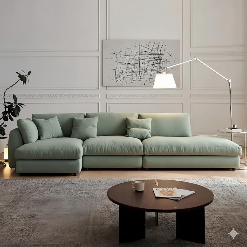 Natural Linen L-Shape Sofa – Breathable Eco-Friendly Modular Sectional Sofa, Off-White, Left or Right Corner Configurations (Sage Green, Left Corner : Three Seater L Shape)