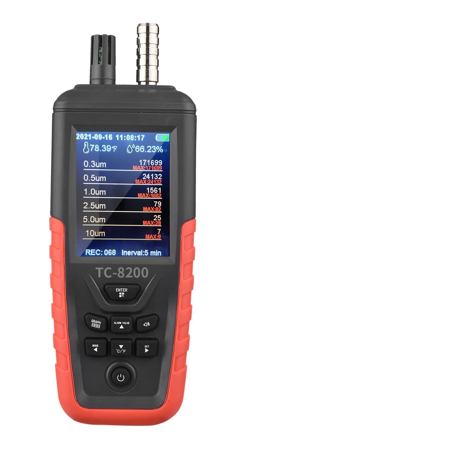 Contador de Partículas de Polvo con Fuente Alimentación Dual con Pantalla a Color Gráfico Curva Registro Datos para Inspección Salas Limpias Industriales para Sensor PM2.5 PM10 (TC-8200)