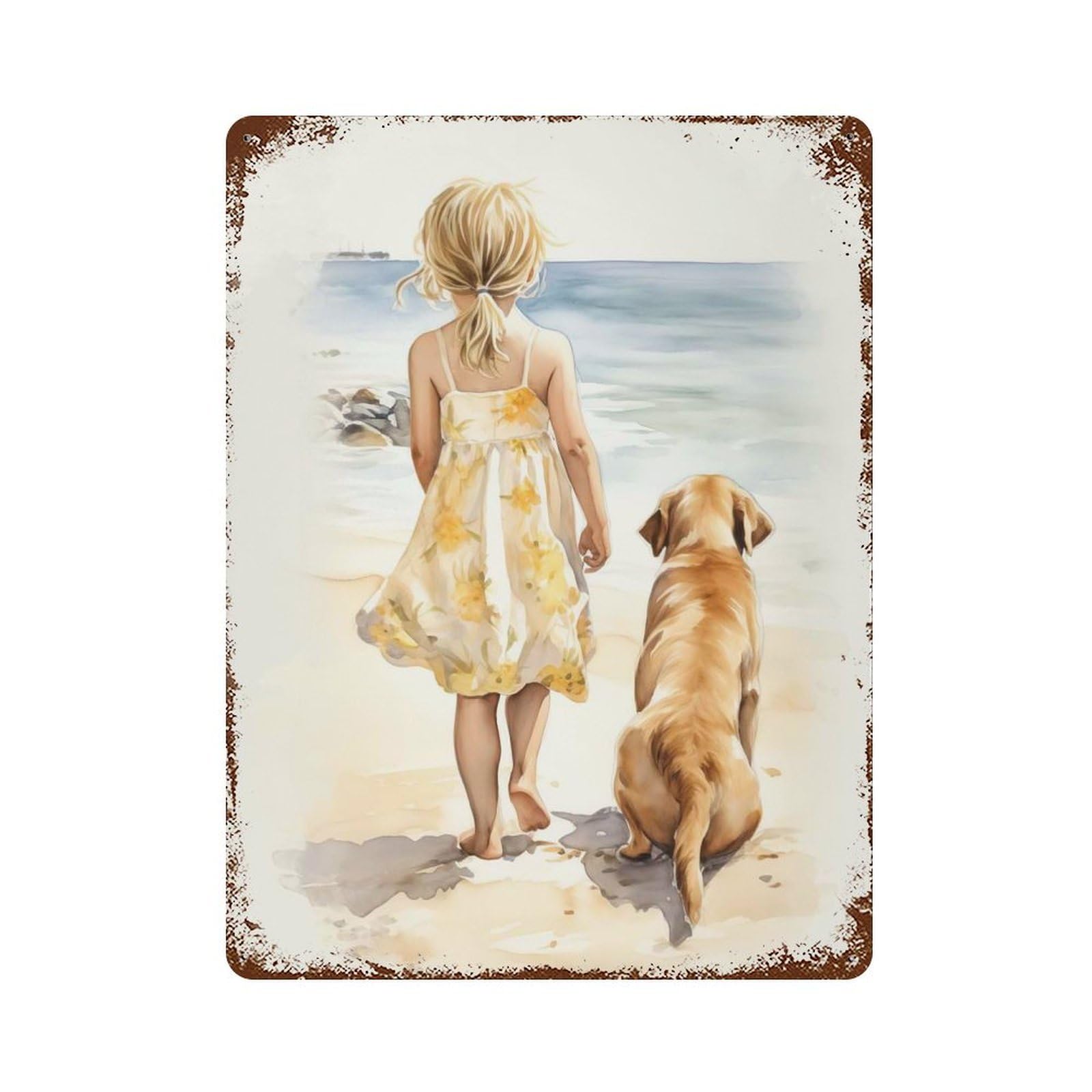 Little Girl with Labrador Rust Effect Tin Sign 15.7"x11.8", Old School Wall Decor for Farmhouse, Kitchen And Entryway Decor