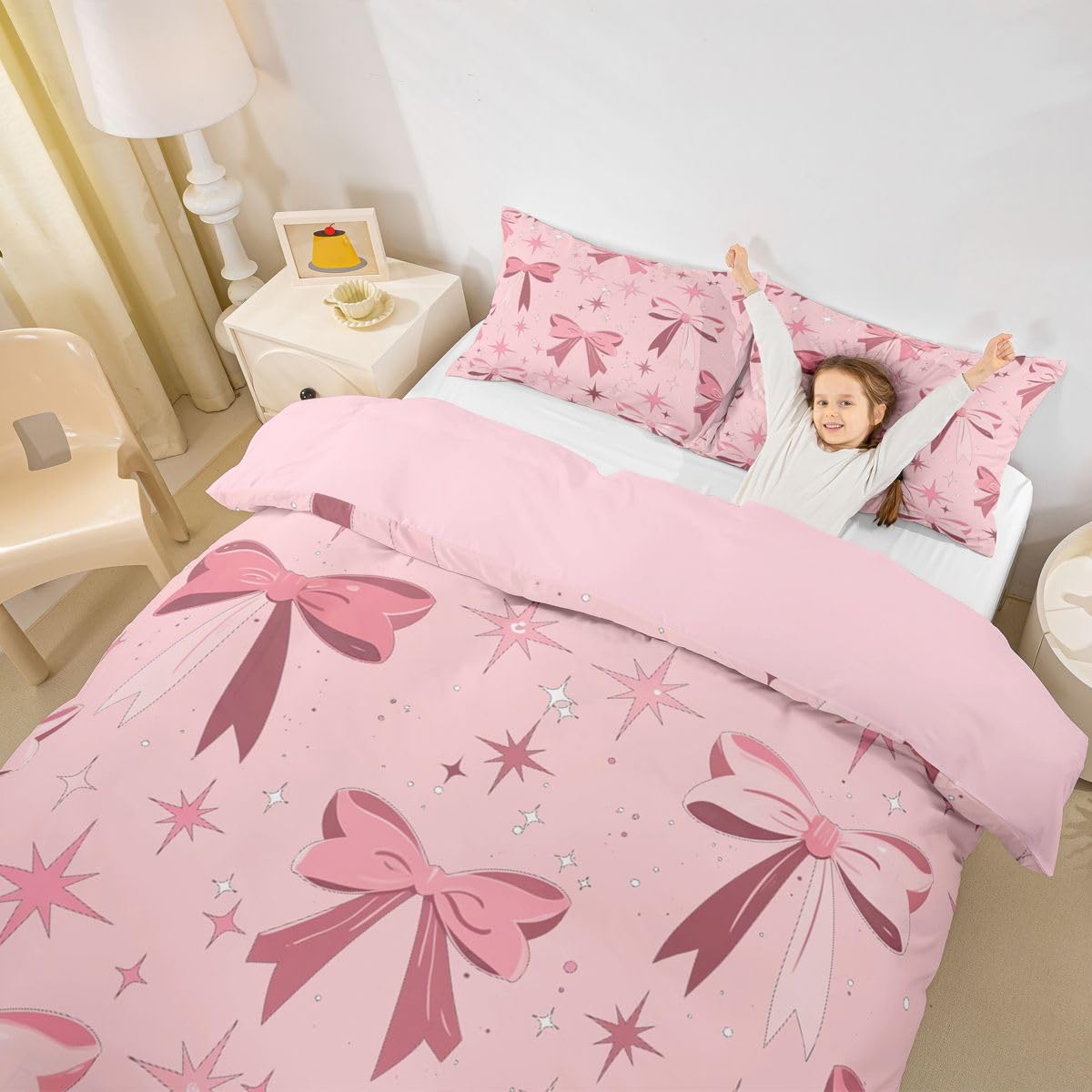 Homewish Set di biancheria da letto con copripiumino per letto super king size con fiocco e fiocco con fiocco e stelle, set di biancheria da letto con fiocco rosa