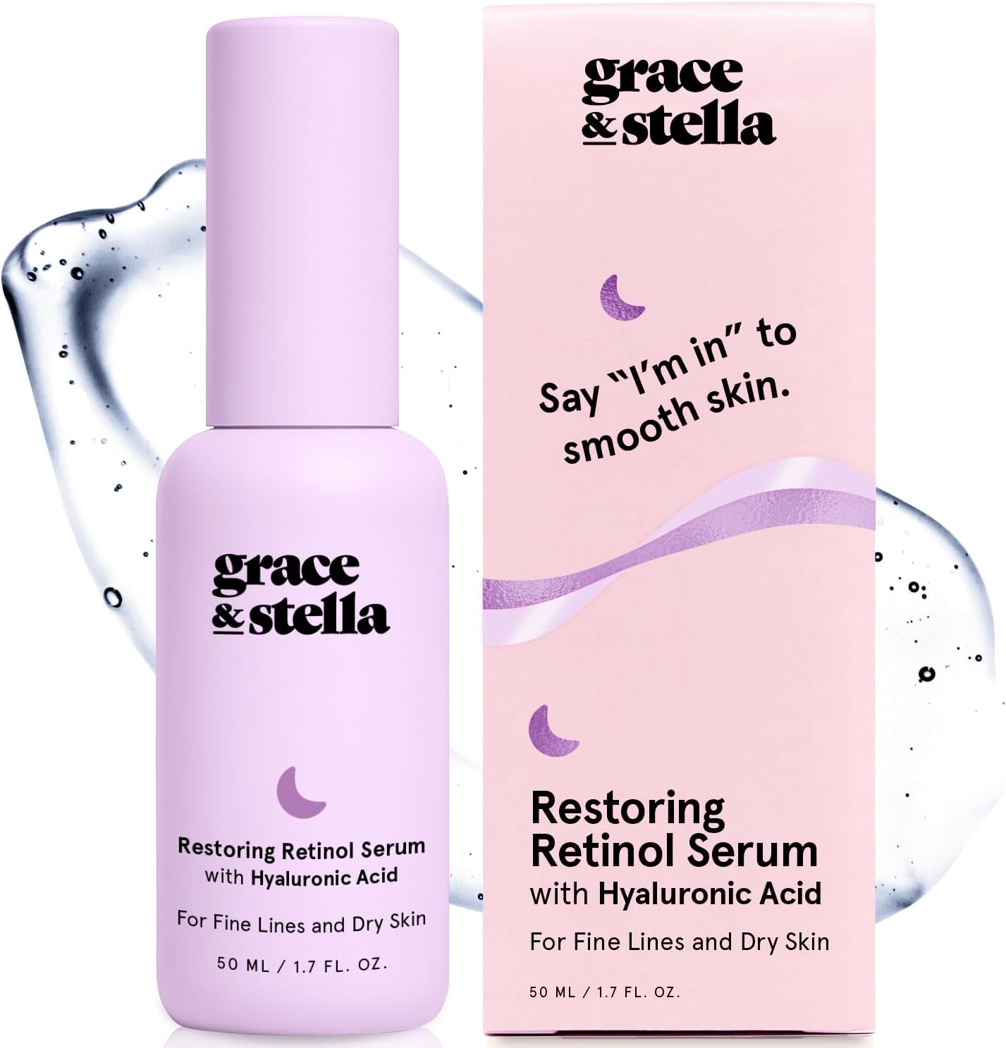 grace & stella Retinol Serum for Face with Hyaluronic Acid (50ml/1.7 fl oz) - Restoring Retinol Hyaluronic Acid Serum for Face to Reduce Fine Lines & Wrinkles - Acido Hialuronico - Vegan Skincare