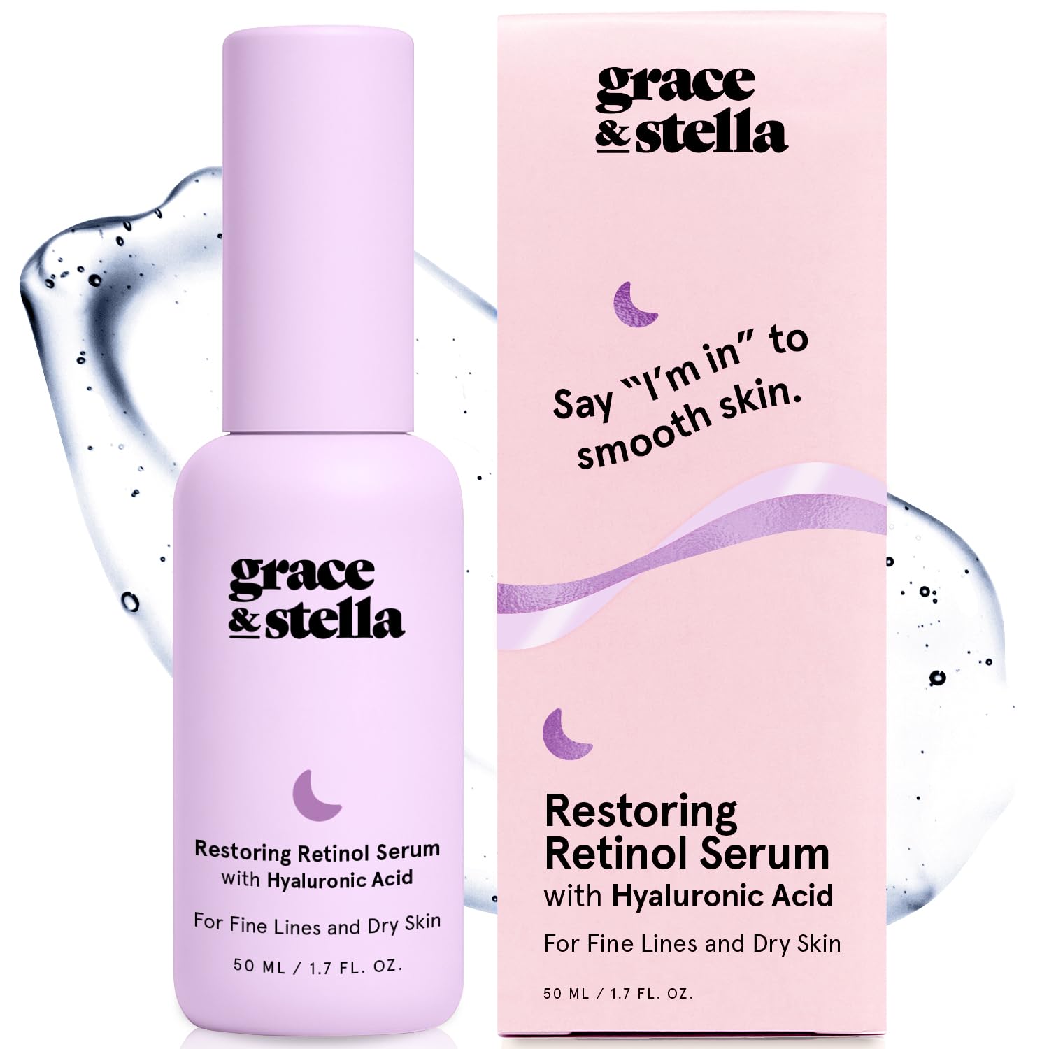 grace & stella Retinol Serum for Face with Hyaluronic Acid (50ml/1.7 fl oz) – Restoring Retinol Hyaluronic Acid Serum for Face to Reduce Fine Lines & Wrinkles – Acido Hialuronico – Vegan Skincare