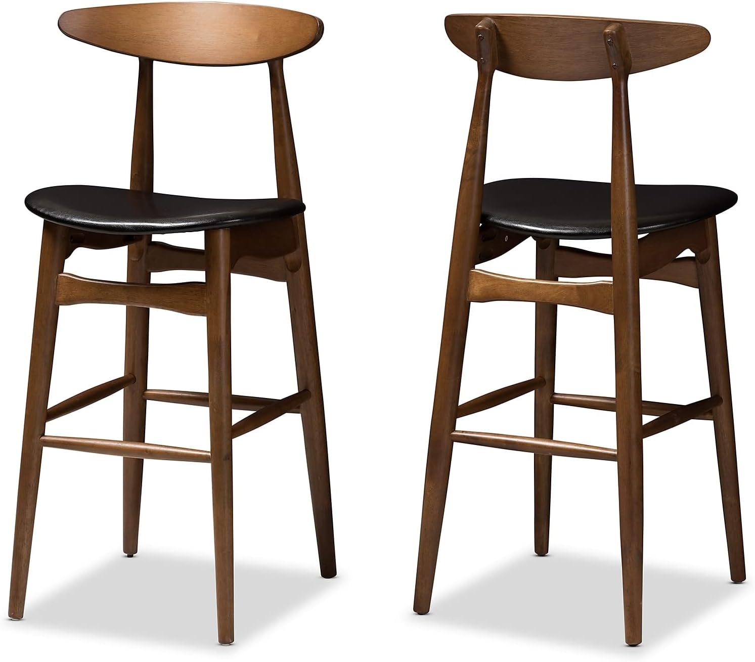 Baxton Studio Flora Mid-Century Modern Black Faux Leather Upholstered Walnut Finished Bar Stool (Set of 2)