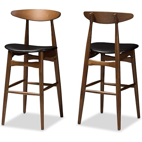Baxton Studio Flora Mid-Century Modern Black Faux Leather Upholstered Walnut Finished Bar Stool (Set of 2)