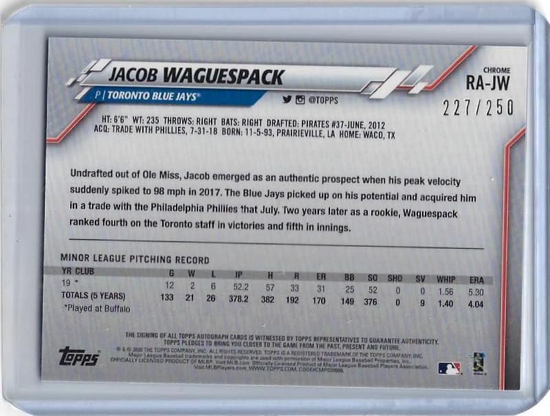 Jacob Waguespack Autographed & Serial Numbered #227/250 Purple Refractor Rookie Card Collectible Baseball Card - 2020 Topps Chrome Rookie Baseball Card #RA-JW (Blue Jays)