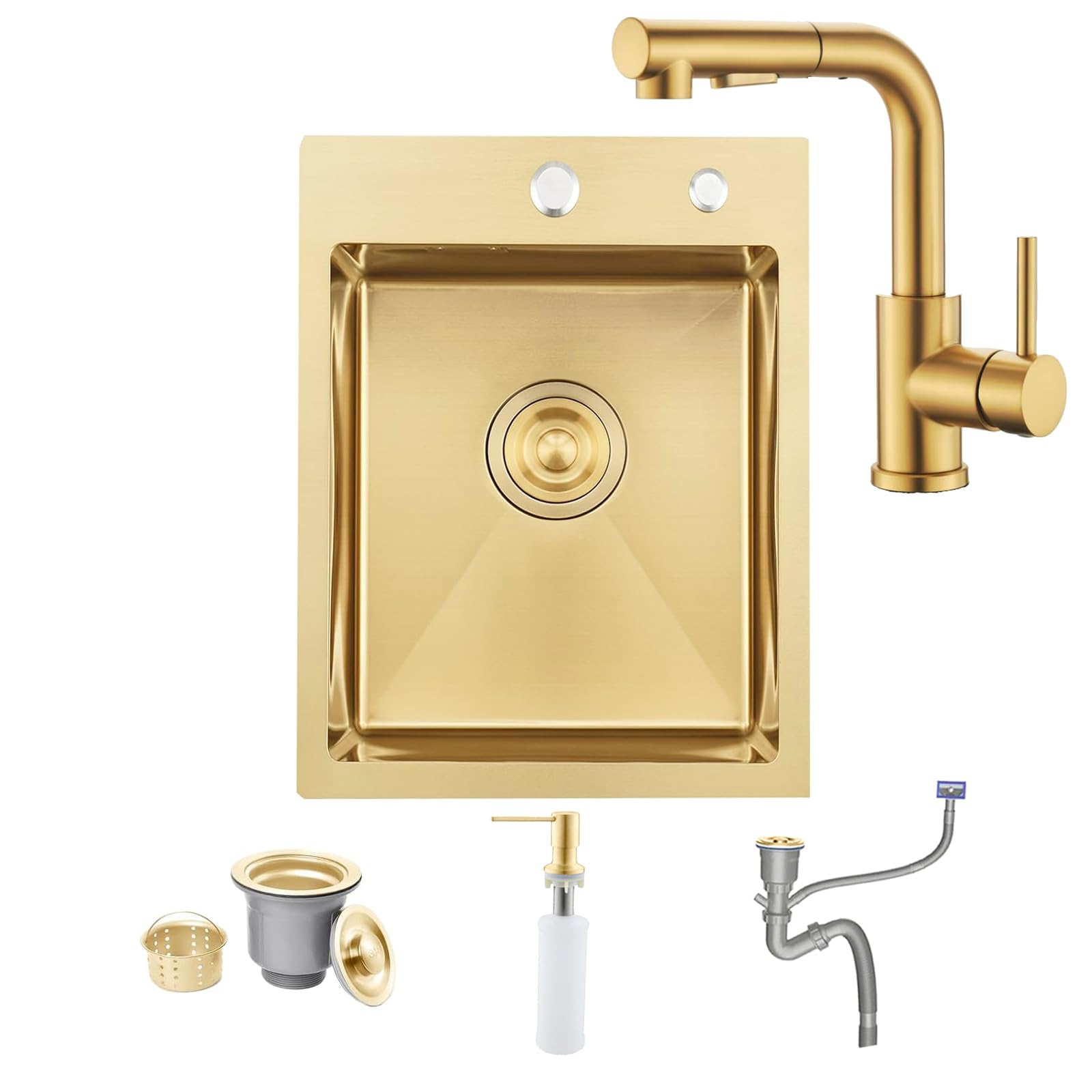BoomHoze Gold Bar Drop in Kitchen Sink with Golden Faucet, 35 x 45 cm RV Small Stainless Steel 16 Gauge Topmount Small Sink, Single Bowl Gold Wet Bar Outdoor Campervan, Basin with Drain Strainer