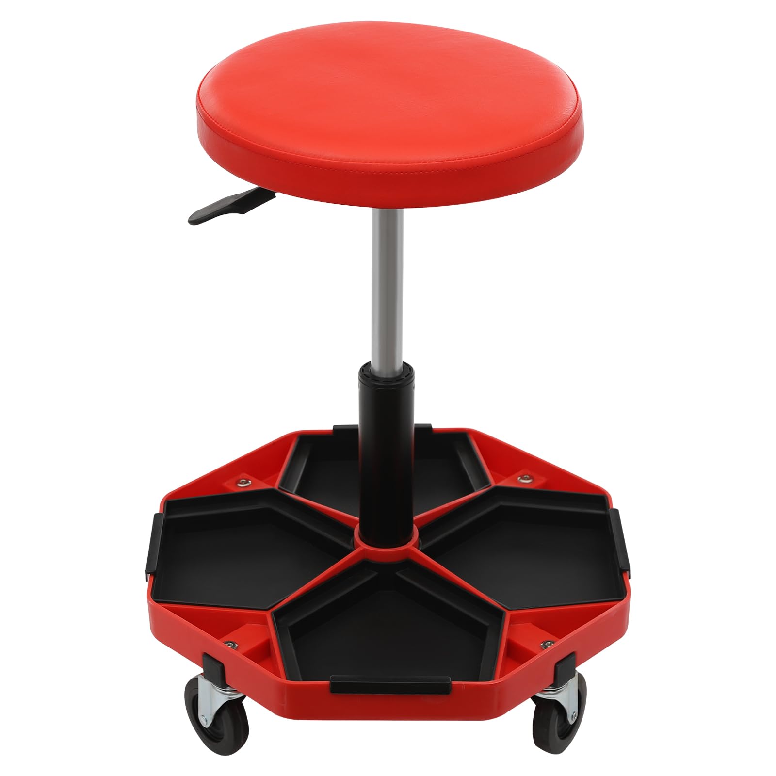 Sgabello da officina regolabile in altezza, sedile pneumatico per garage, girevole a 360°, con ripiano per attrezzi, portata di 16,93 pollici, seduta comoda, colore nero (rosso)