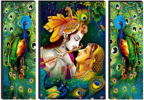 Image of SAF Set of 3 Religious Radhe Krishna with Couple Peacock UV Textured Home Decorative Gift Item Self Adeshive Painting 18 Inch X 12 Inch SANFJM01, Multicolour