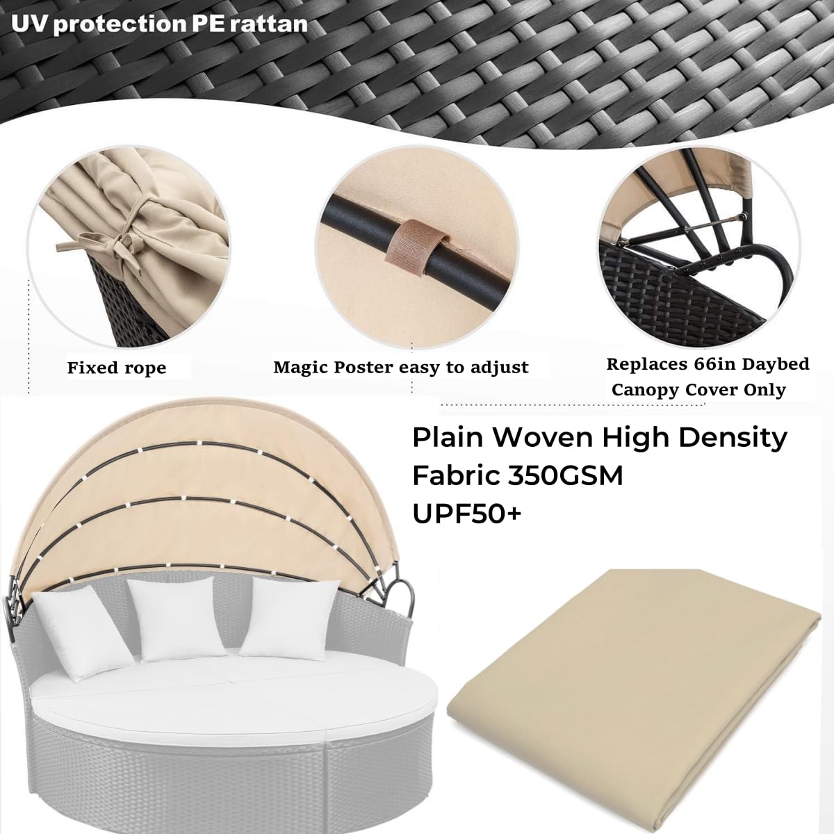 Cubierta de repuesto para sofá cama retráctil redonda de 66 pulgadas, para muebles de exterior, toldo de mimbre de ratán para patio, resistente a la decoloración (solo cubierta de toldo) 4
