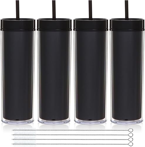 Volhoply Vasos delgados de plástico de 20 onzas, paquete de 4 unidades, vaso transparente de doble pared con tapa y pajita, taza reutilizable para