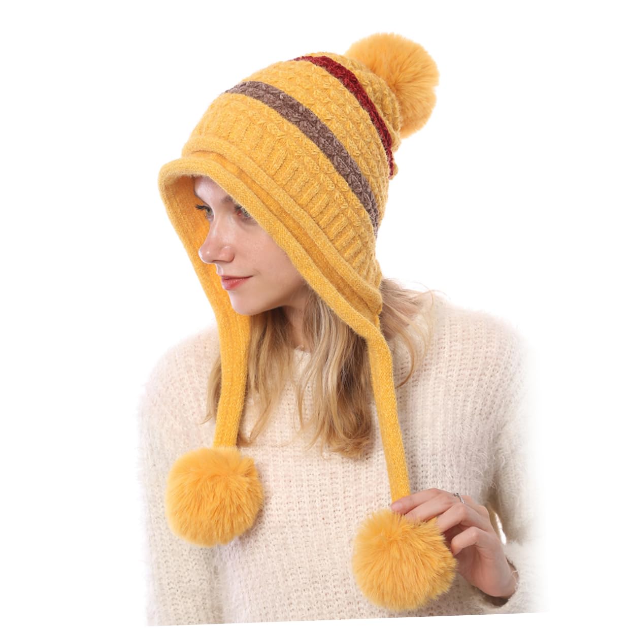 SHERCHPRY 3piezas Gorro De Lana Pompones para Mujeres Sombrero Térmico Cálido De Esquí para Invierno Diseño Cómodo y Elástico Color Amarillo Único