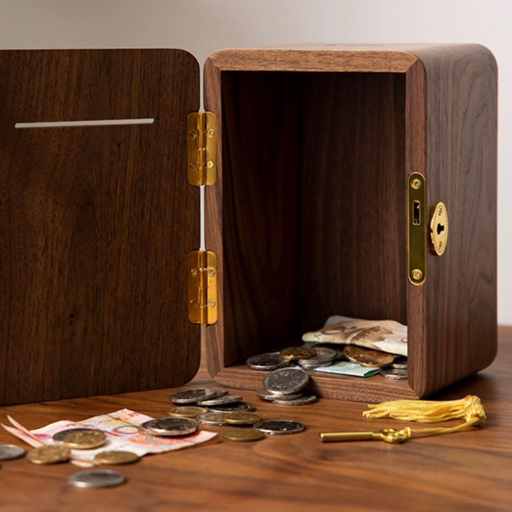 Exquisite Wooden Piggy Bank Brown Square Savings Box Creative Ornaments Coin Box Desktop with a Key Easy to Store