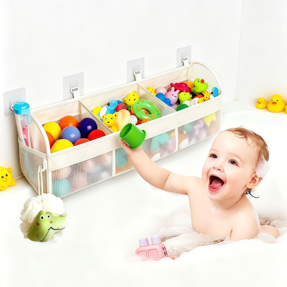 Bath Toys Organizer Net, Bathroom Toy Storage Net with 3 Compartment Hanging Storage Bag Shower Organiser Large Quick Drying Mesh Bag Foldable Storage Nets for Organize Toys , Bathroom Supplies