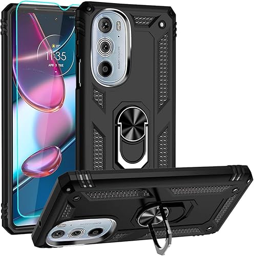 Androgate Funda para Motorola Moto Edge Plus 2022, Edge+ 2022 con protector de pantalla HD, soporte de anillo de metal de grado militar, prueba de