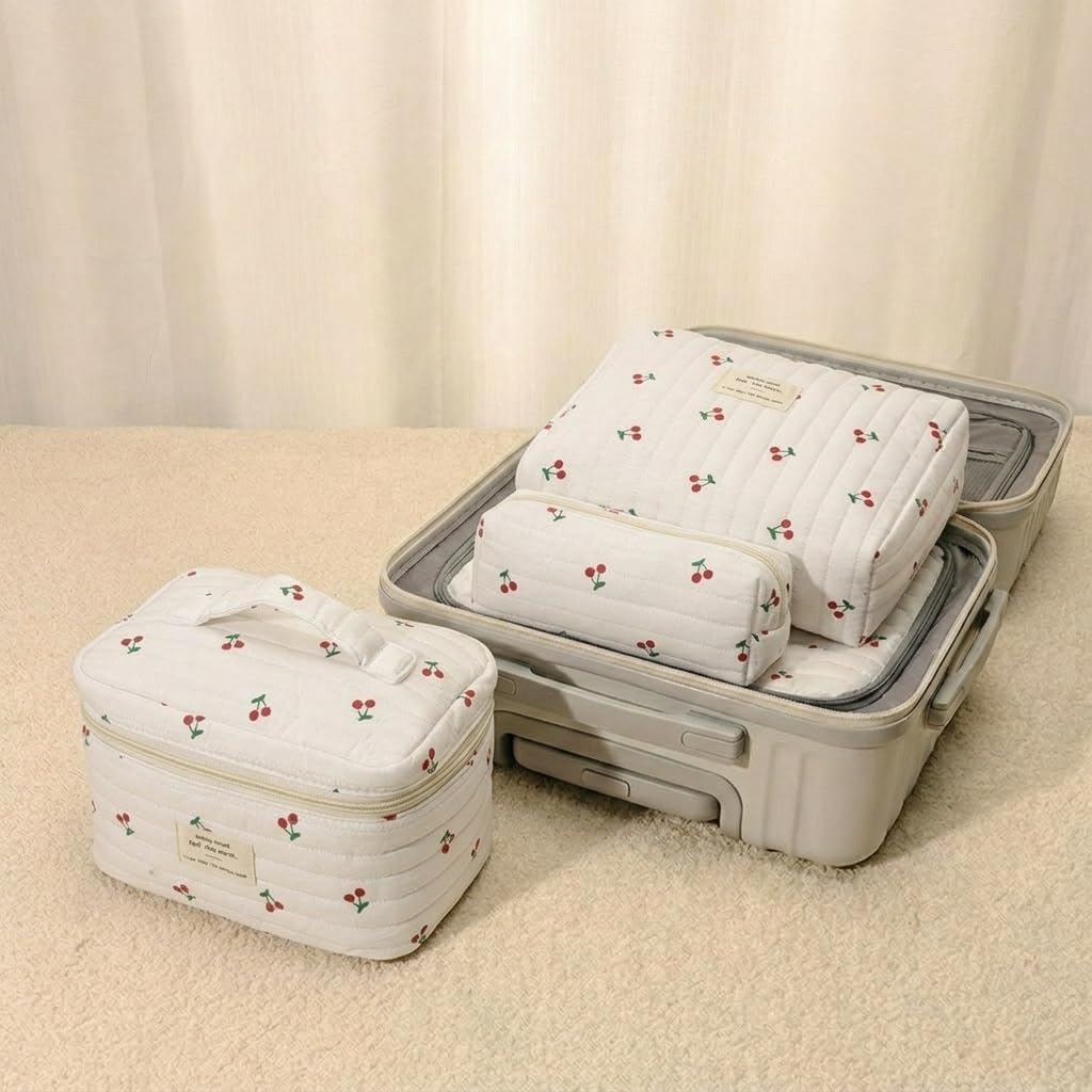 Makeup Bag Set, Quilted Makeup Bag 3PCS Cotton Cosmetic Bag Travel Makeup Bag Toiletry Bag for Women, Portable Make Up Bag Organizer, Gift for Her, Cherry