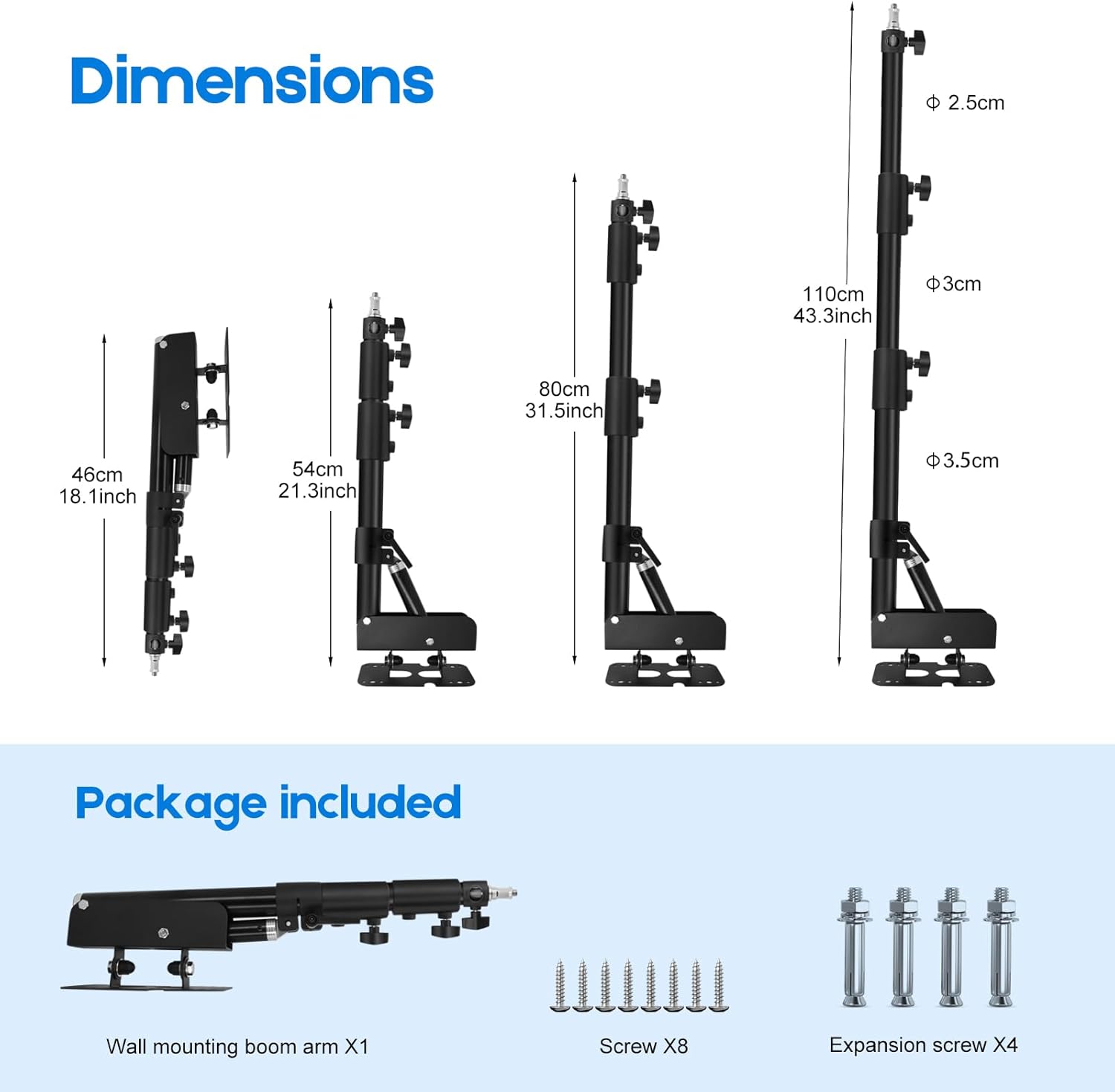 Wall Mount Triangle Boom Arm, Ring Light Mount with 180° Flexible Rotation, Adjustable 43.3"/110cm Heavy Duty Sturdy Alloy Stand, for Studio Photography Flash Video Light,Monolight,Softbox & Reflector