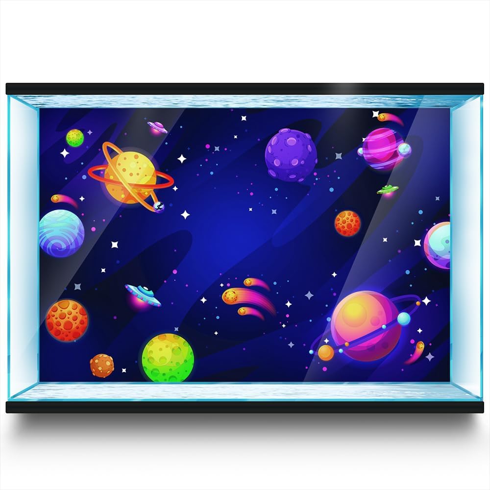 Aquarium Background Stickers - Cartoon Star, Planet, UFO, Self-Adhesive Fish Tank Reptile Terrarium Decor Poster (90 x 60 cm / (35.4 x 23.6 inches))