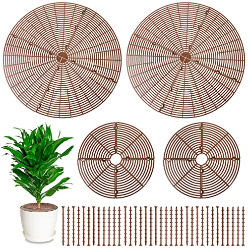 Newtay 4 Pcs Plant Pot Grid Soil Protector Covers Cuttable Flower Protector from Animals Cat Squirrel Digging Stopper Plant Pot Cover with Stake for Indoor Outdoor Gardening (20.5 +11.8 Inch Brown)