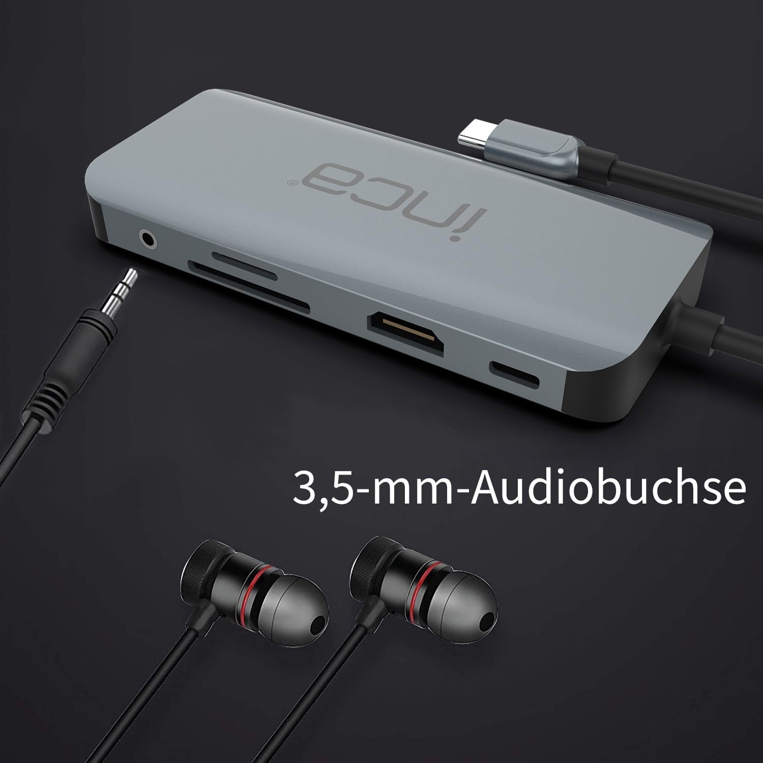 inca Koncentrator USB C 9 w 1 ITPC-10TX, 2 x USB 3.0 + czytnik kart SD/TF + LAN 1000 Mbit/s + dane + audio 3,5 mm + HDMI 4K 60 Hz + PD100 W, stacja dokująca USB C do MacBook, Dell, Chromebooka