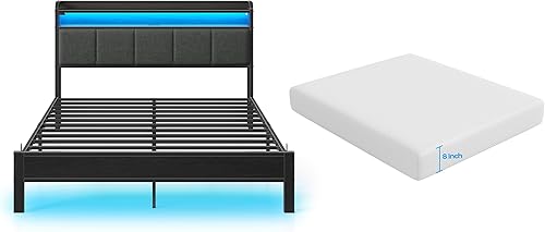 Miniatura 61 de Rolanstar Base de cama tamaño individual con estación de carga y luces LED, cabecera de piel sintética con estantes de almacenamiento, listones de