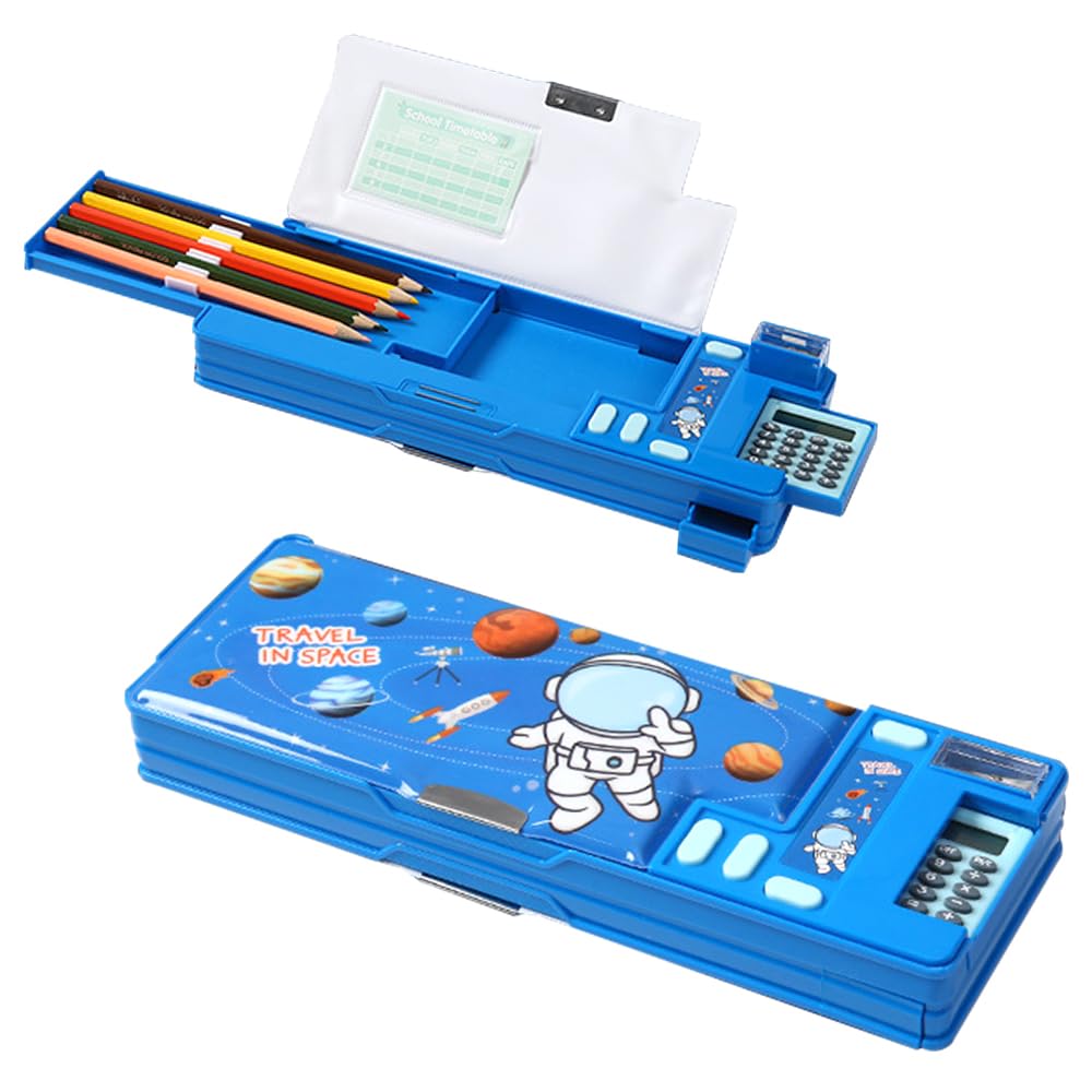 Lonimia Pop Up Multifunction Pencil Case, Cute Cartoon Pen Box Organizer Stationery with Sharpener, Calculators, Schedule, School Supplies, Best Birthday Gifts for Kids Teens (Blue)
