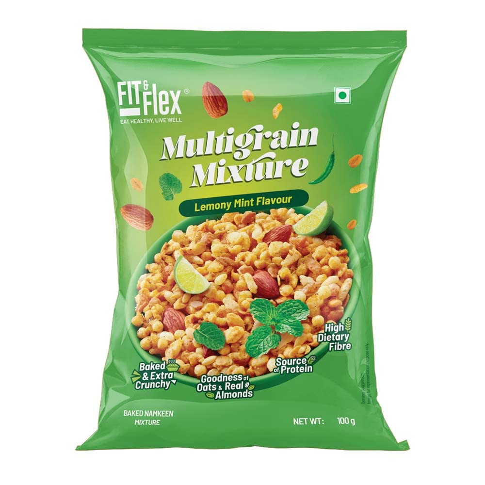 Fit & Flex Multigrain Lemony Mint Namkeen Mixture | Extra Baked and Crunchy Snack With Oat Rich & High Dietary Fibre | Zero Cholesterol - 100 g (Pack of 1)