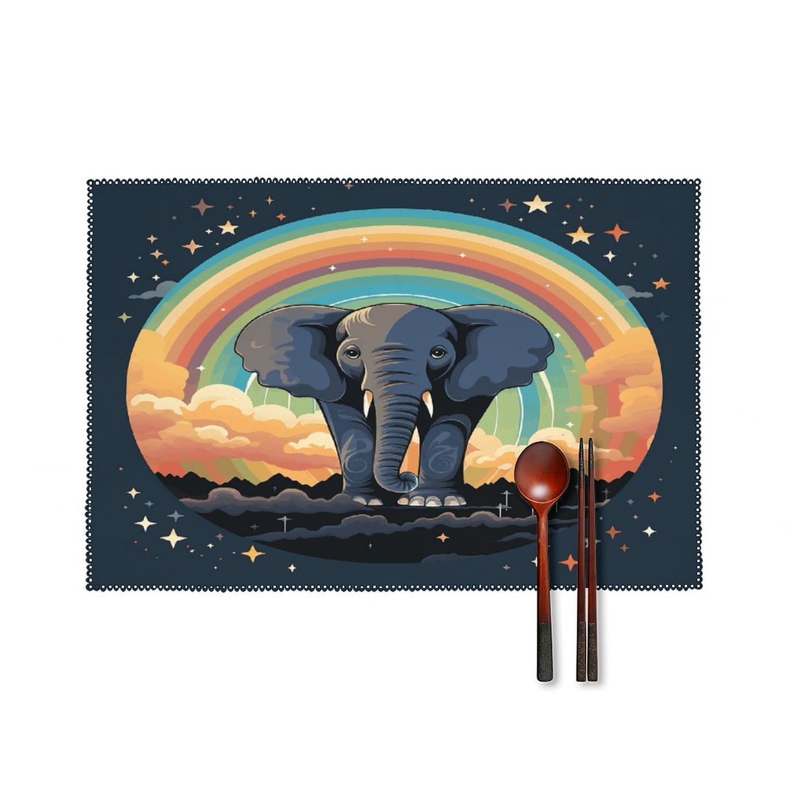 A Cute Elephant on A Rainbow Background Placemats Set of 6 Heat-Resistant Washable Place Mats Wipeable Kitchen Placemat Easy to Clean for Indoor Outdoor Party Kitchen Decoration