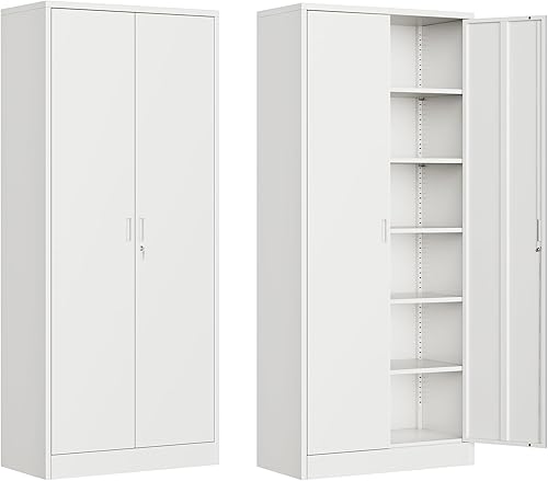 Miniatura 8 de BESFUR Armario de almacenamiento de metal de 71 pulgadas de alto con 5 estantes ajustables y puertas con cerradura, armario con bloqueo para garaje,