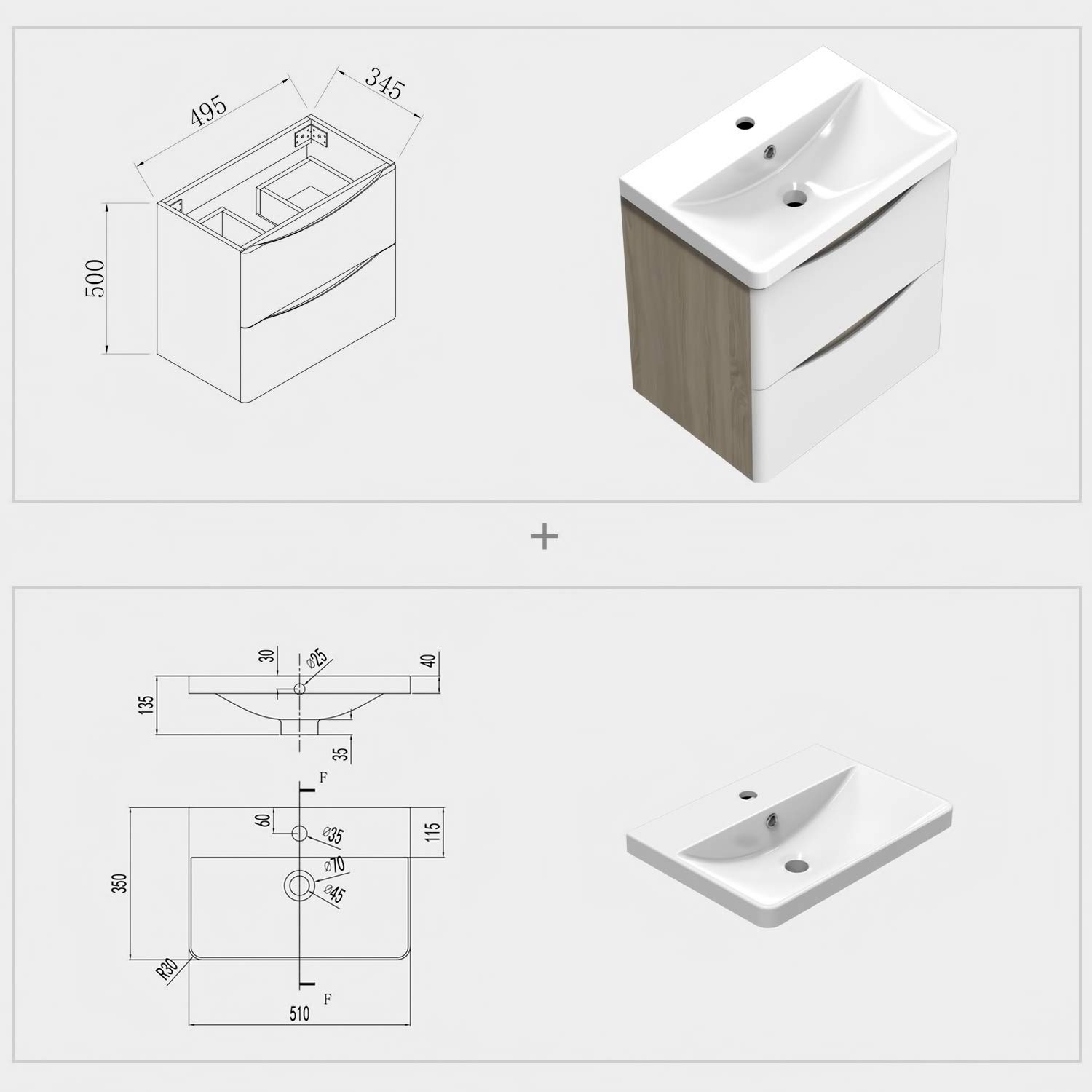 AICA sanitaire Meuble sous Vasque De Salle De Bain Suspendu Blanc et Bois Clair avec Lavabo Espace De Rangement 50cm