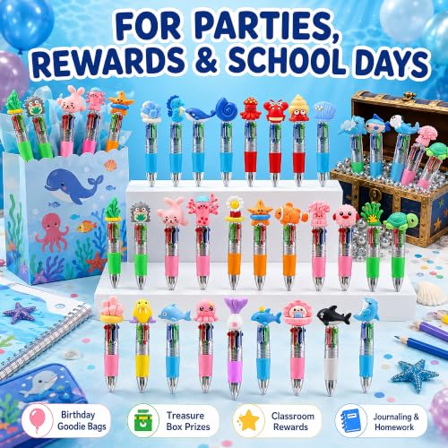 Image of CZWZ 30Pcs Mini Multicolor Pens in One 4-in-1 Cute Pens Bulk for Kids, Ballpoint Pen for Birthdays and Parties, Fun Gifts Assorted Ink Kawaii Pen(Ocean Animals)