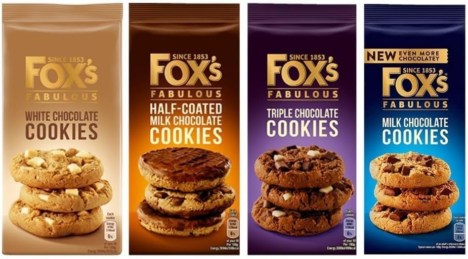 Foxs Fabulous cookies Four Luxury Flavours of Milk Triple Half-Coated & White Chocolate Biscuits for special Occasions Supreme Gift to share with friends and Family ((4 Mix Flavours))