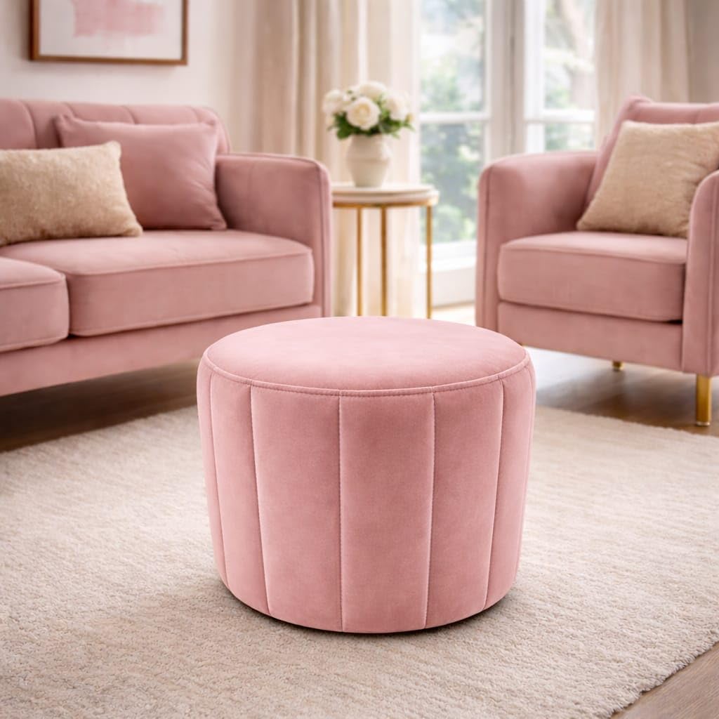 The Couch Cell Round Velvet Ottoman Footstool, Channel Tufted Pouf Pink-image-45