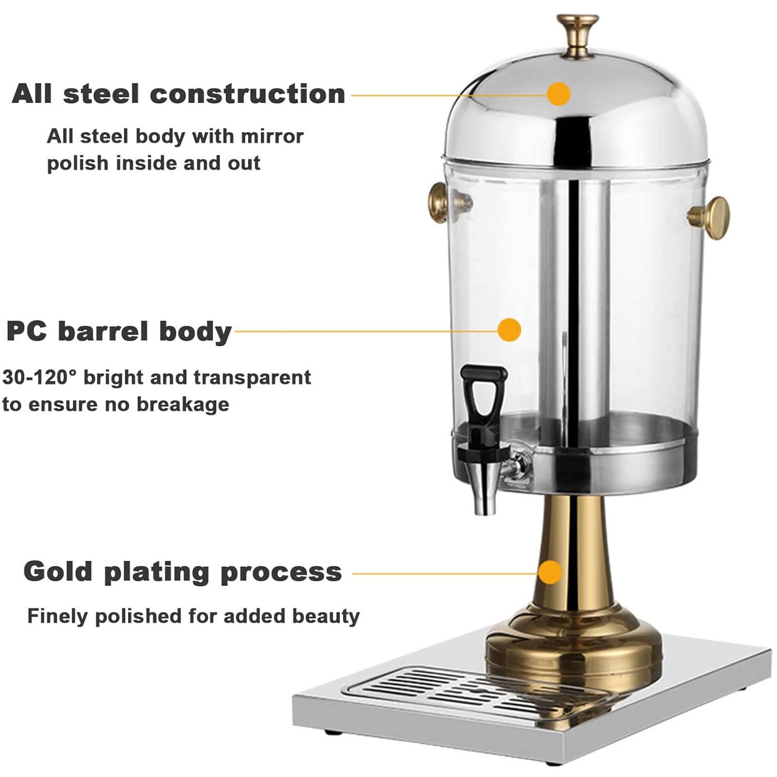 Distributeur Jus Commercial,Machine à Boissons Froides en Acier INOX à Double Température Chaude Et Froide, Distributeurs Boissons en Verre Transparent pour Bars Petit-Déjeuner,Gold