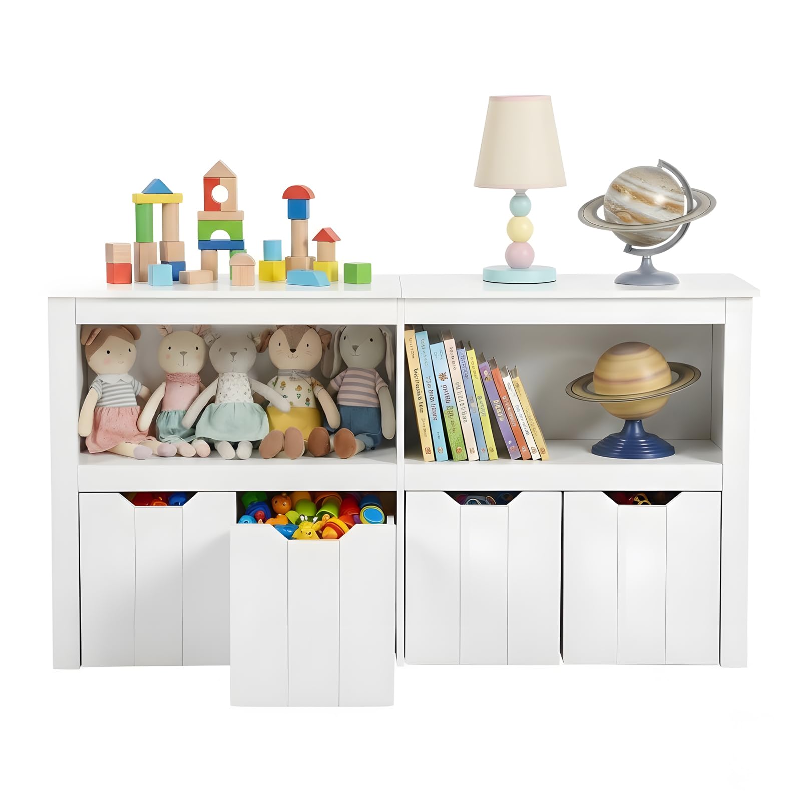 Mobile Contenitore Giocattoli Bambini, Libreria Salvaspazio Montessori con Ruote, Scaffale Porta Giochi/Libri, Organizer Cameretta 3-12 Anni, Cassettiera Bianca con 4 Scomparti, 120x33x61cm