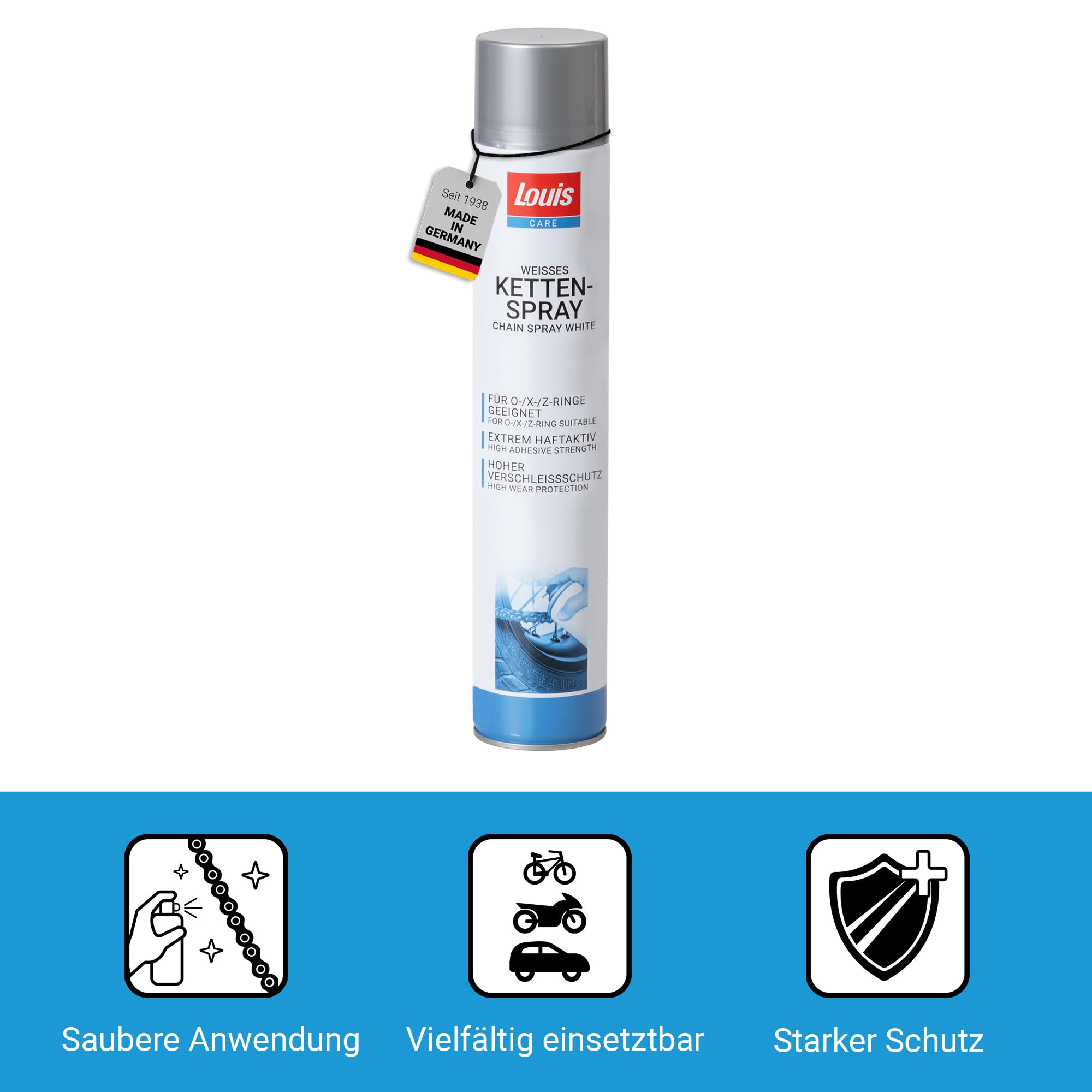 Louis Care Kettenspray Weiß 750ml – Hochwertiges Kettenfett für Motorrad und Fahrrad, Schmiermittel für Kette und Kettenpflege, Weißes Spray mit Starker Haftung, Schutz vor Verschleiß und Korrosion