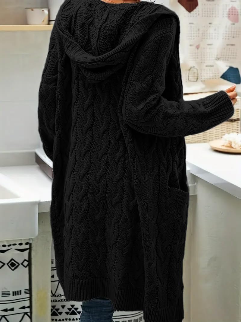 Women's Long Cable Knit Cardigan Sweater with Pockets, Open Front Have Cap - Image 3