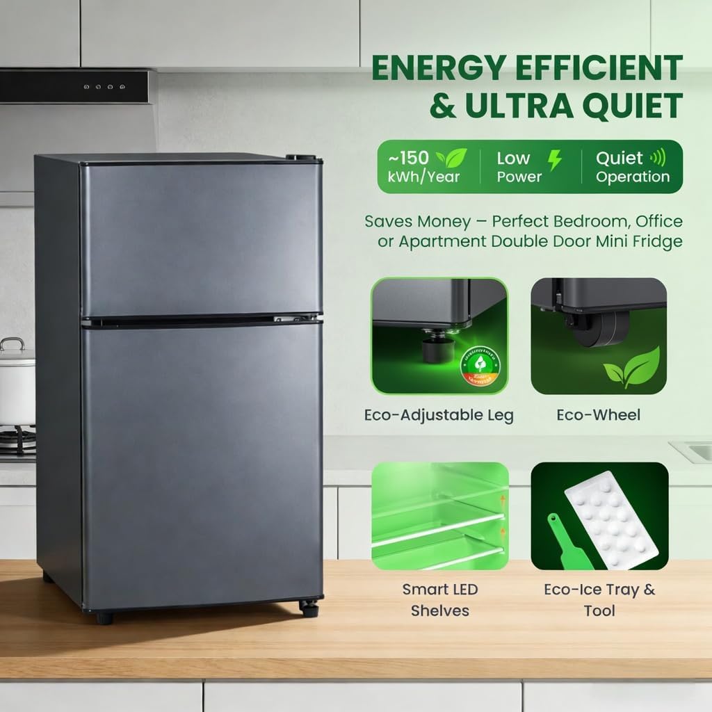 Compact Refrigerator with Separate Freezer, 2-Door Mini Fridge for Bedroom, Gaming Room, Office & Basement, Low Noise Under Counter Cooler, Space Gray BCD-50 Ultra