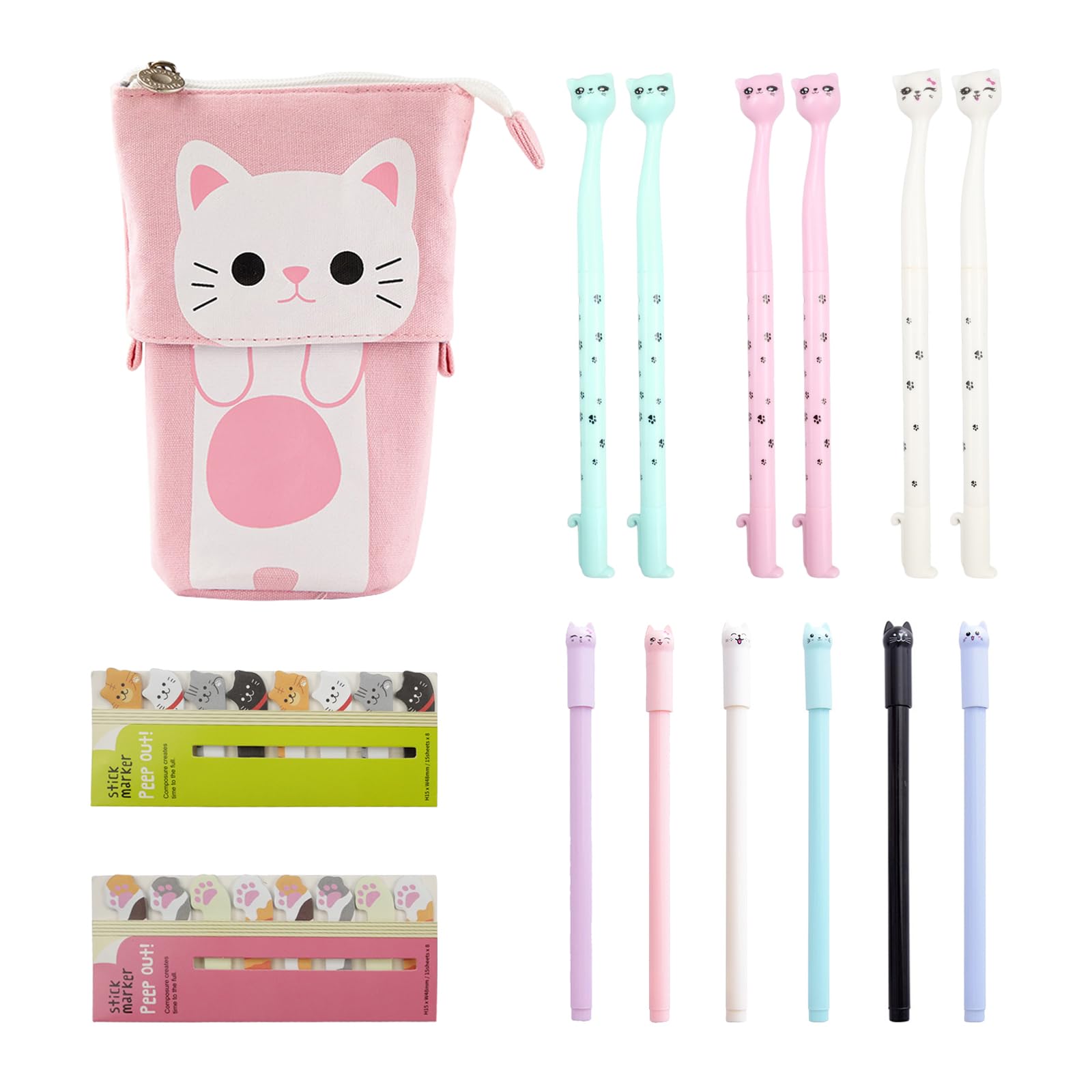 inodiref Papeleria Kawaii con 240 Notas Adhesivas de Gato y 12 Bolígrafos Tinta Negra 0.5 mm Set Papeleria Niña Material Escolar Kawaii para Escuela Oficina
