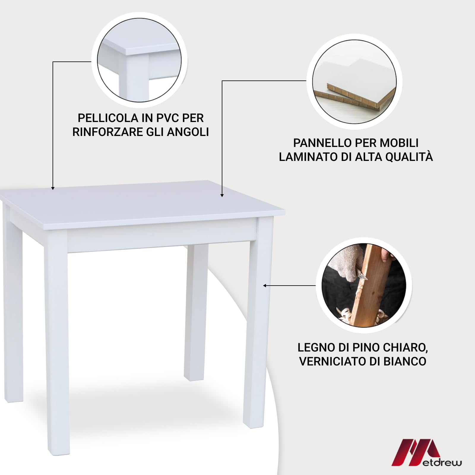 Tavolo da Pranzo in Legno 90x60 cm per 2 Persone - Tavolo Cucina Piccolo Stile Scandinavo - Pino - Piano Bianco