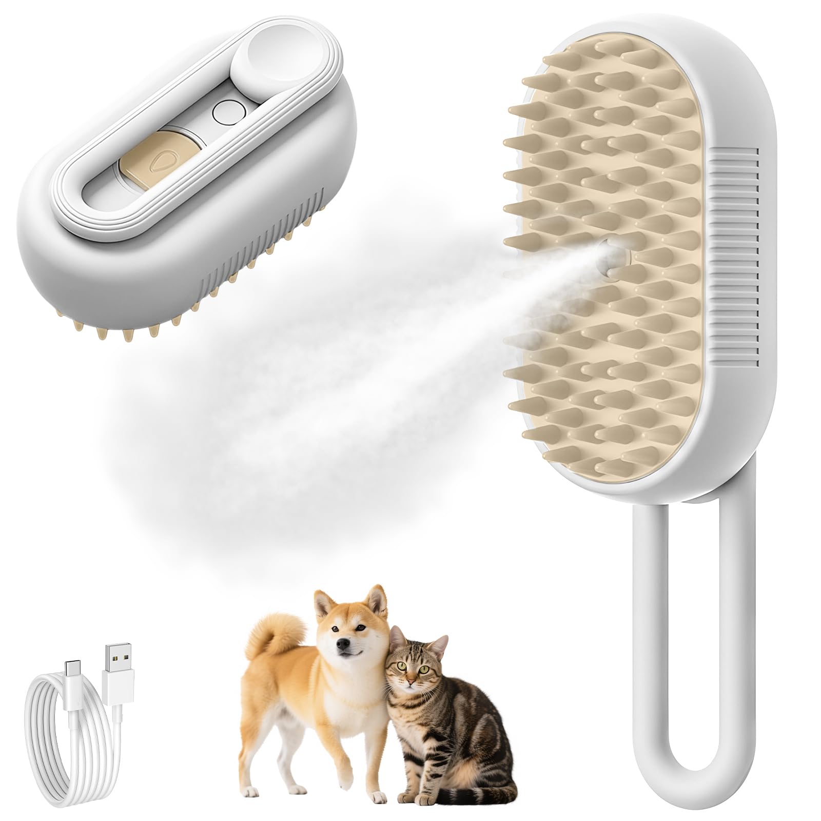 Cepillo de vapor para perros, gatos con vapor de silicona, cepillo para gatos de pelo corto con mango plegable con depósito de agua, masaje, cuidado y depilación, para gatos y perros (blanco)