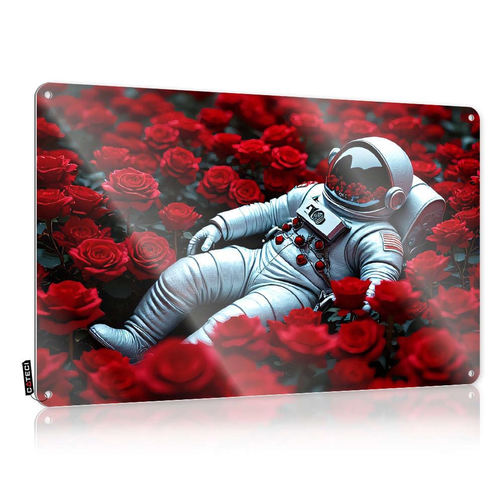 Sujd Colour Farmhouse Signs Gift For Biker Waterproof Artwork, Grunge Retro Print For Cafe Pub Bars | Metal Pre-Drilled Custom Astronaut Surrounded By Red Roses(30X40cm)