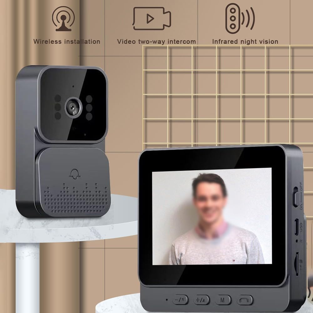 QOXEZY Dwukierunkowa kamera wewnętrzna wideo, dzwonek do drzwi, bezprzewodowa kamera z ekranem IPS, dzwonek wideo WiFi z darmowym dzwonkiem dzwonkowym, wykrywanie ludzi, przechowywanie, podgląd na