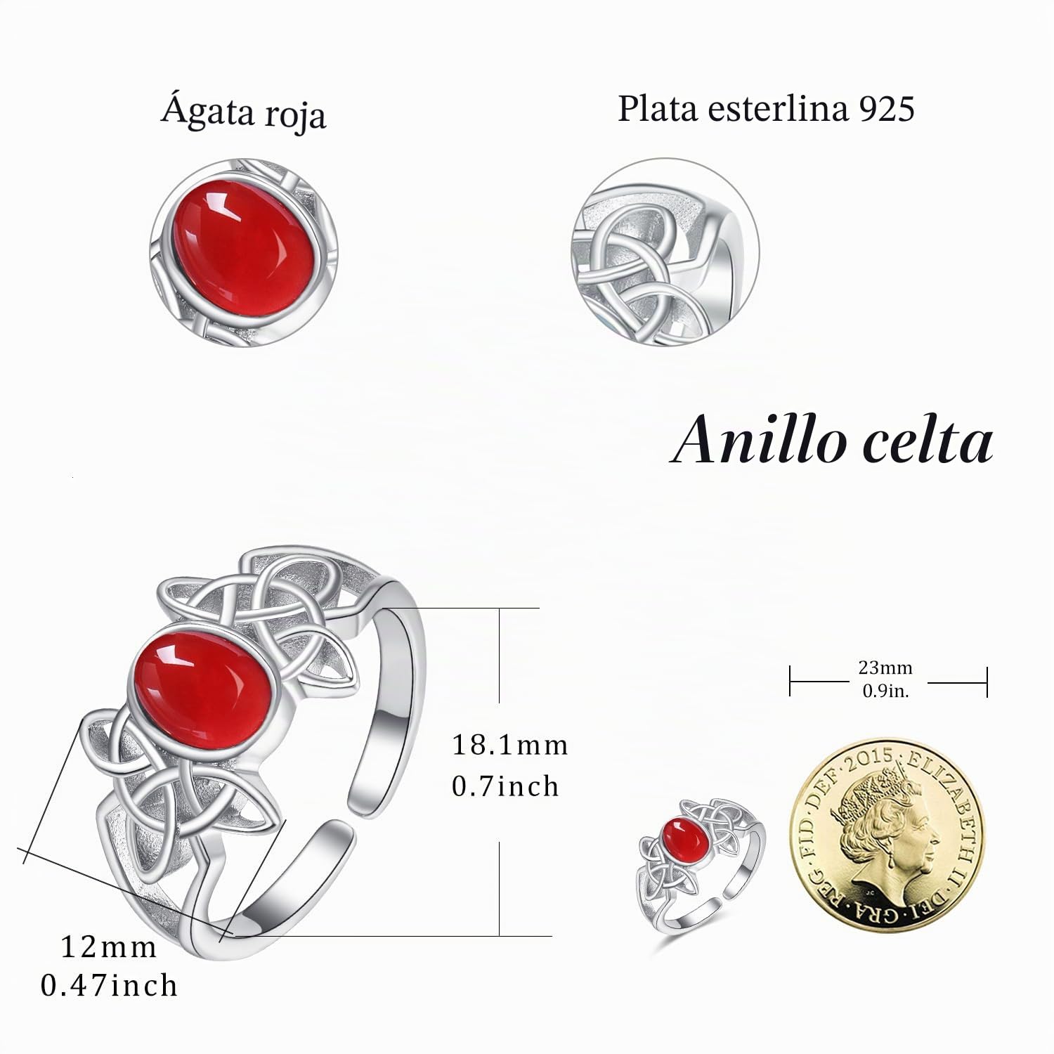 KINGWHYTE Anillo celta para mujer, plata de ley 925, ajustable, abierto, piedras preciosas naturales, regalo de cumpleaños para mujeres, niñas, madres