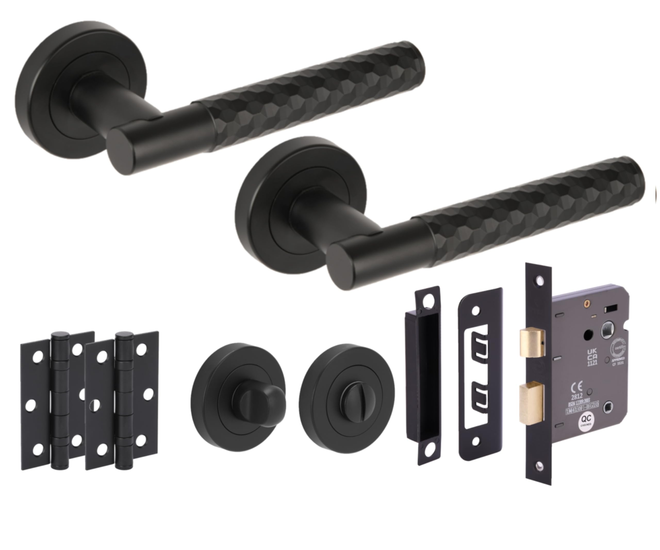 Hunta Black Matt Handlezone® Roca Diamond Cut Knurled Door Handles On Rose Bathroom Lock Pack With Standard Turn Set, 76Mm Lock, 75Mm Ball Bearing Hinges