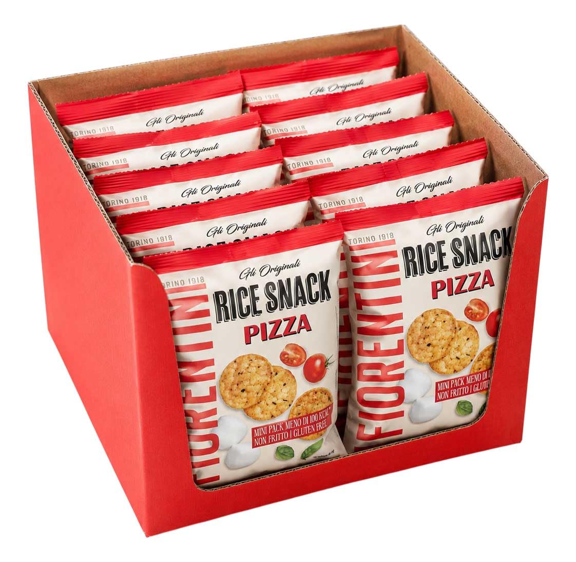 Rice Snack Pizza Mini Pack 20g per Fiorentini, Box con 12 Confezioni da 20g, Snack di Riso Croccanti Gusto Pizza, Senza Glutine, Non Fritti, Monoporzione per Aperitivo e Pausa Snack