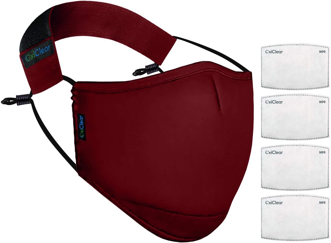 OxiClear N99 Anti Pollution Face Mask with 4 Activated Carbon Filters & Detachable Headband D.R.D.O Certified (NO-VALVE) (Maroon)