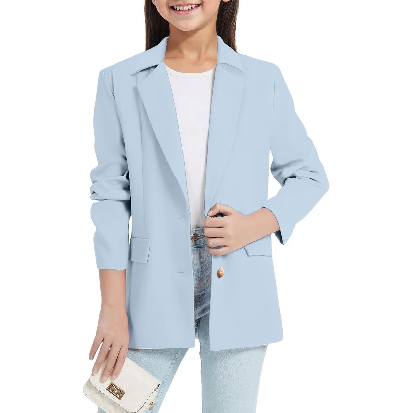 Blazer - Chaqueta de traje para niña, color liso, chaqueta de ocio, manga larga, con doble bolsillo lateral, cuello de solapa, chaqueta de traje, moda con frente abierto, traje formal para niños de 3