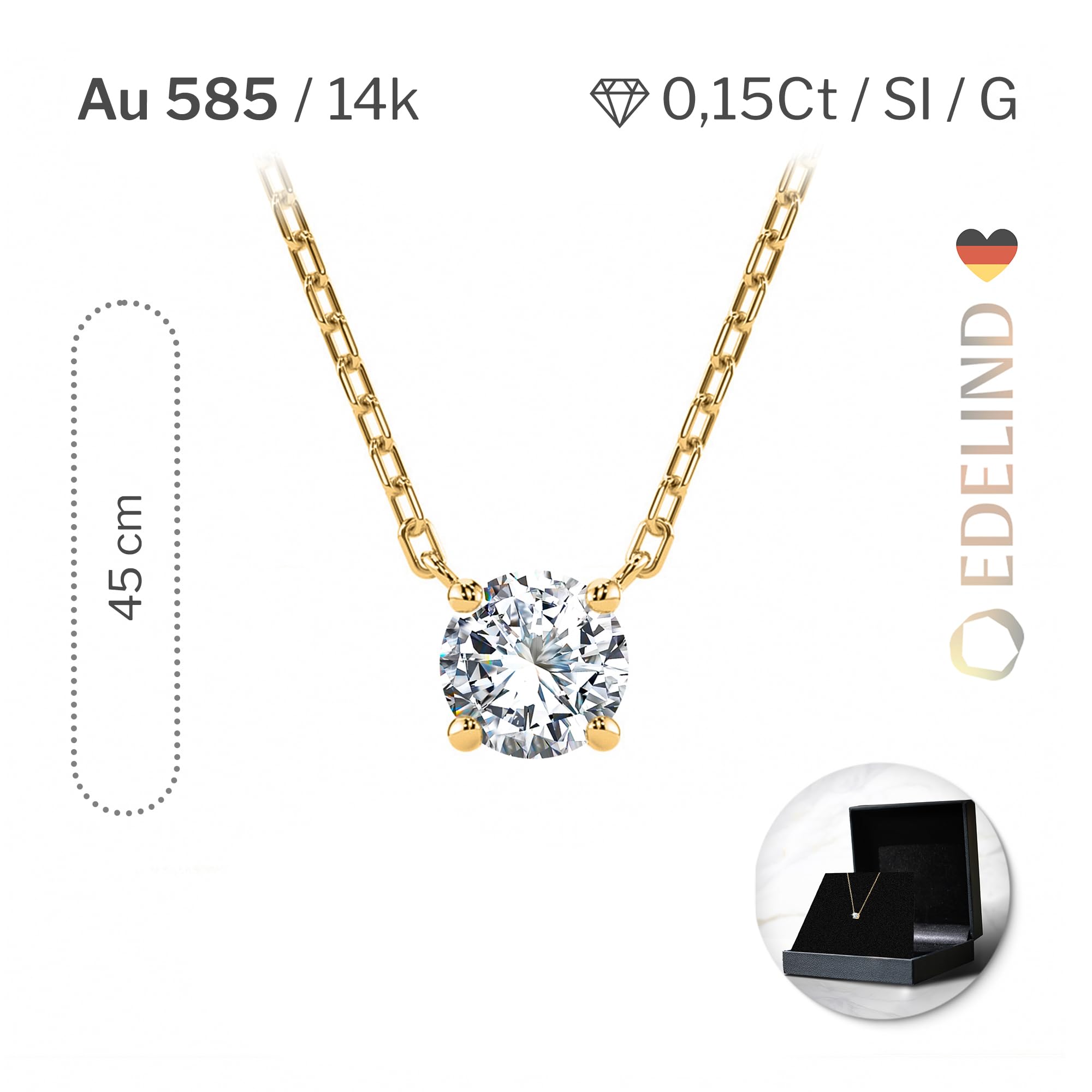 EDELIND Collana Punto Luce Donna con Diamante 0.15 ct in Oro 585 - Catenina con Ciondolo Solitario - Gioiello Classico in Oro 14k