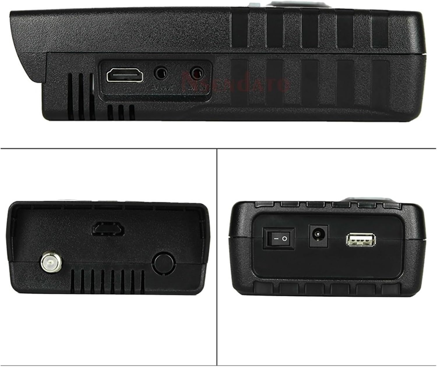 Верх, низ и бок views of the WS-6916 Satellite Signal Meter showing various ports including USB, AV IN, AV OUT, and LNB input.